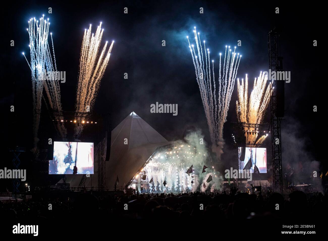 Fireworks launched above the Pyramid stage during Stormzy's set at Glastonbury 2019 Stock Photo