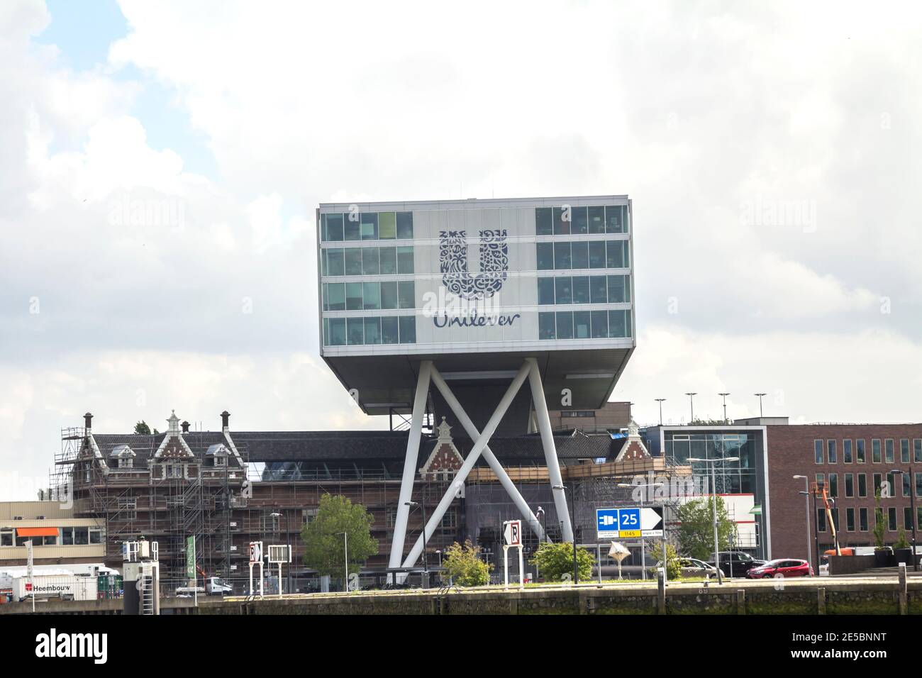 ROTTERDAM, NETHERLANDS: Dramatic skies over Koningshaven harbour, with monumental steel bridge De Hef and the Unilever office, as seen from the river Stock Photo