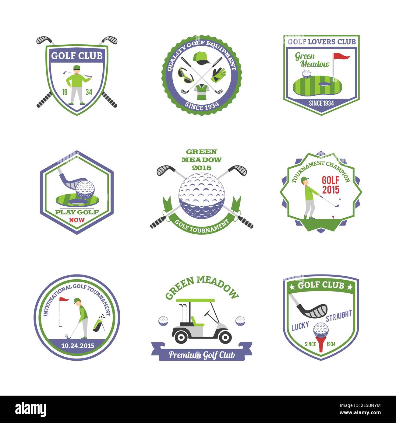 Golf emblems set with international tournament and quality equipment symbols flat isolated vector illustration Stock Vector