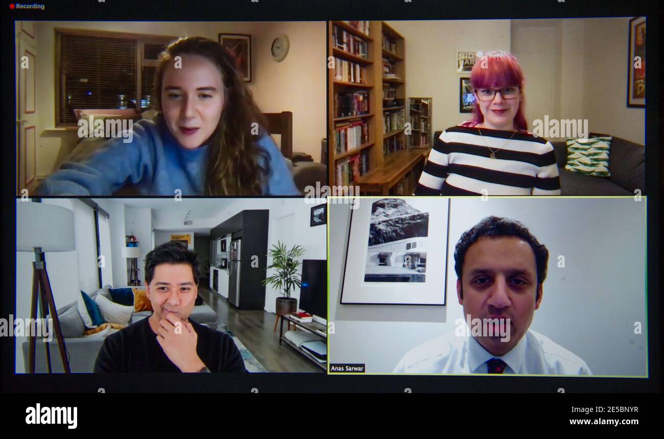 Glasgow, Scotland, UK. 27th Jan, 2021. Pictured: (bottom right) Anas Sarwar MSP discussing how we can tackle digital hate with former Biden staffer and Head of Digital on the campaign Mae Dobbs (top right), and Imran Ahmed, CEO at the Center for Countering Digital Hate. Anas Sarwar is nominated along with Monica Lennon MSP in a leadership bid for the next Scottish Labour Party Leader which will be announced next month. Credit: Colin Fisher/Alamy Live News Stock Photo