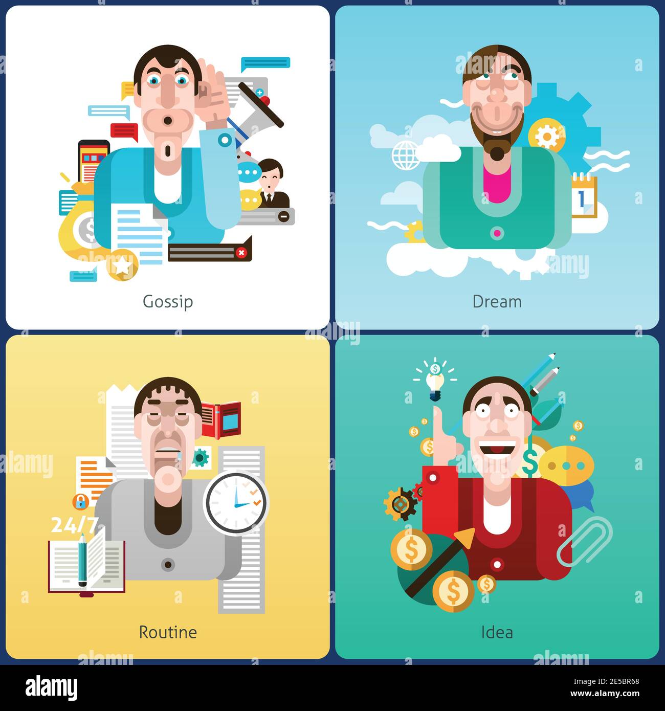 Emotion design concept set with gossip dream routine and idea flat icons isolated vector illustration Stock Vector