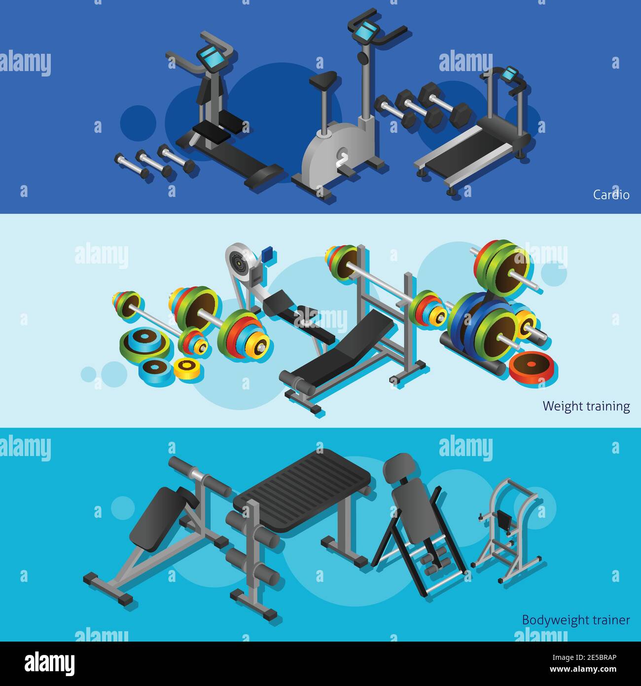 Three horizontal posters with realistic images of cardio weight training and bodyweight trainer isometric vector illustration Stock Vector