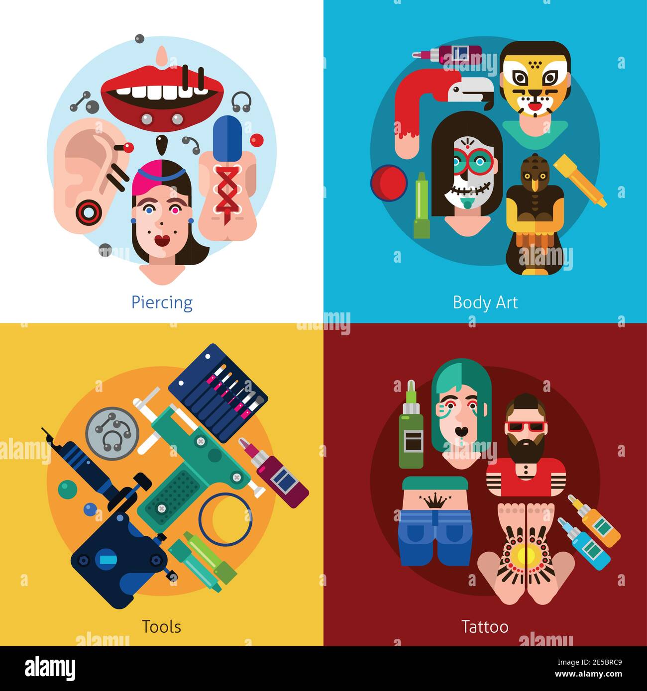 Set of 2x2 images with piercing body art tools and tattoo elements flat vector illustration Stock Vector