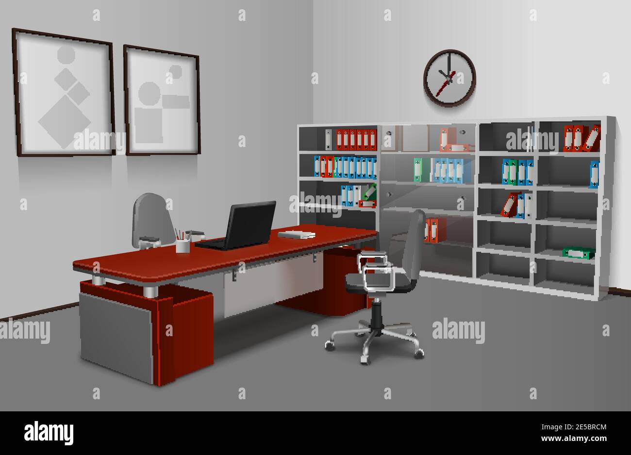 Realistic office interior with 3d work desk bookshelf and picture