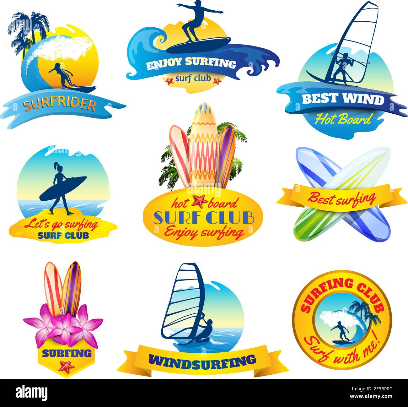 Surfing emblems set with windsurfing boards and surfer silhouettes isolated vector illustration Stock Vector