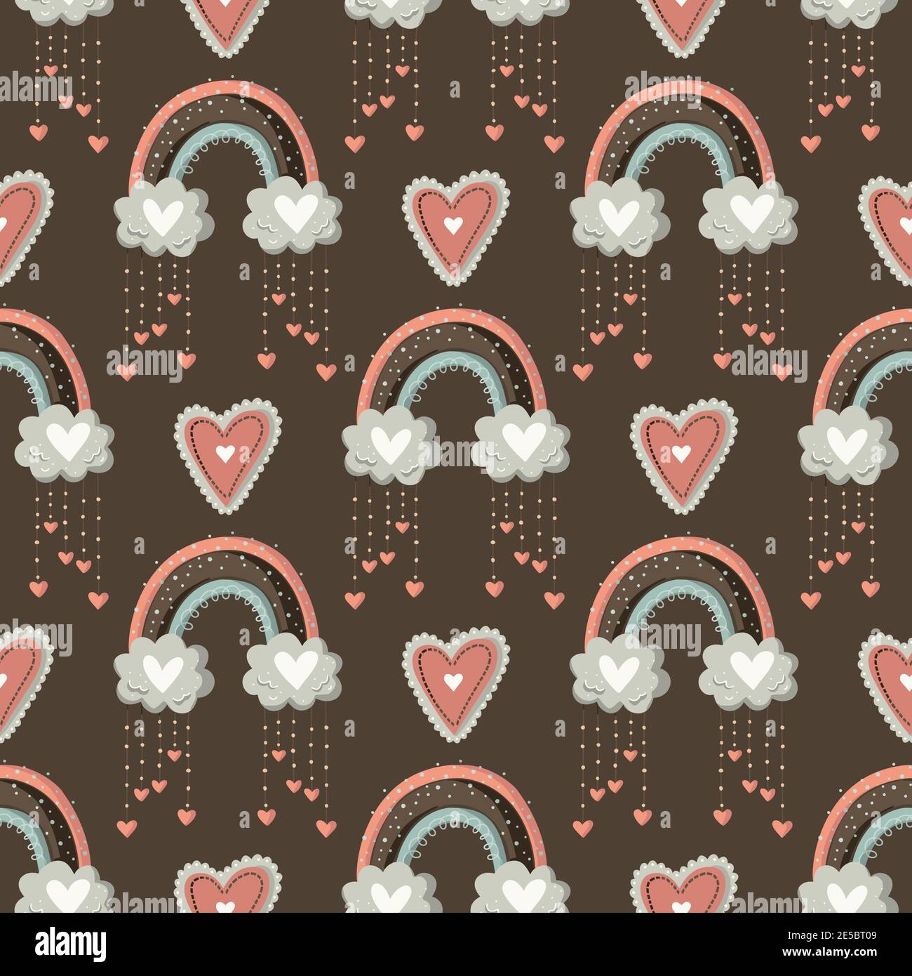 Ornate cute boho rainbow seamless pattern with hearts and cloud on dark ...