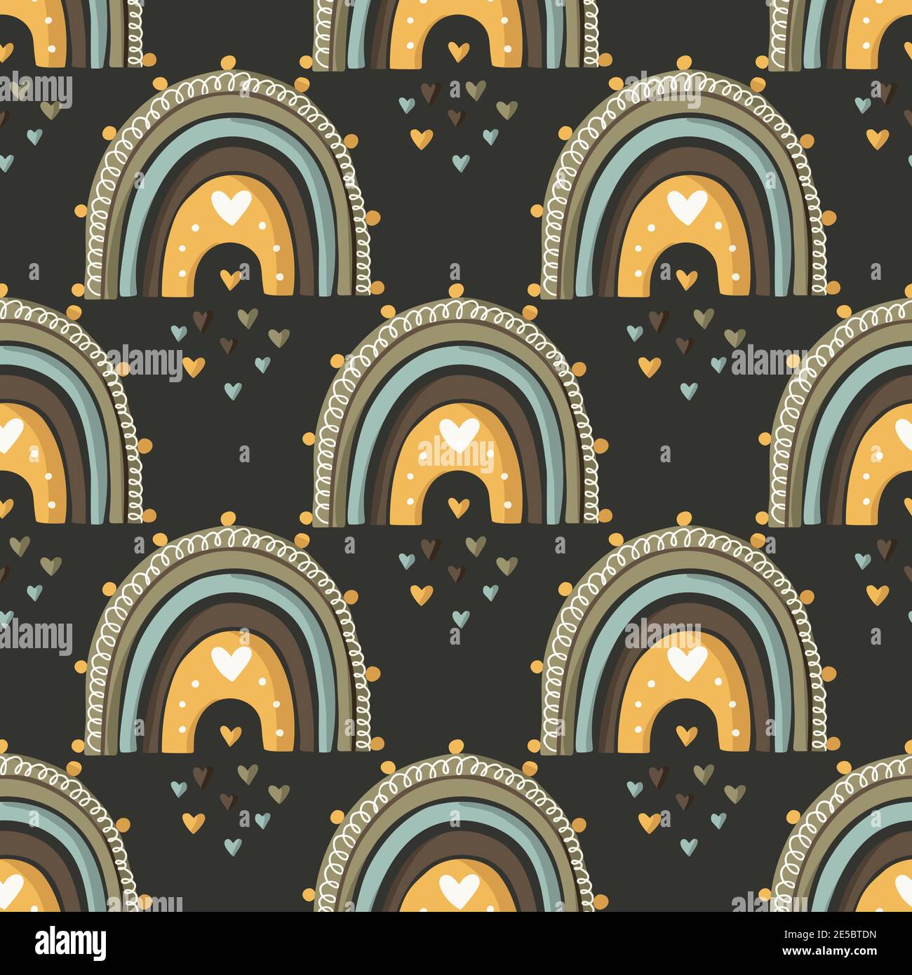 Ornate cute boho rainbow seamless pattern with hearts on dark. Cute kid ...