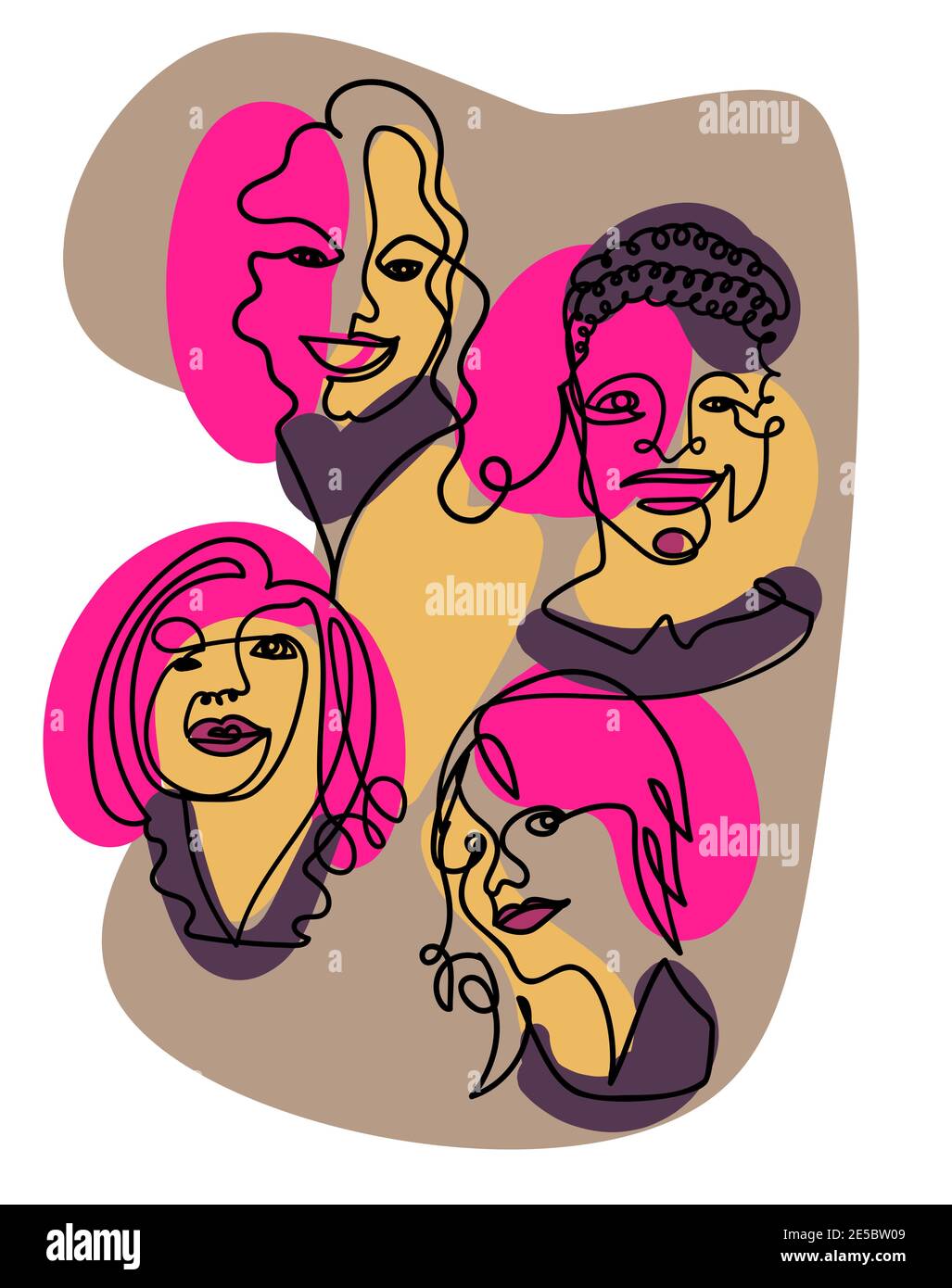 Contemporary abstract portraits of women drawn with one line and some colour spots in the background. Line art Vector illustration Stock Vector