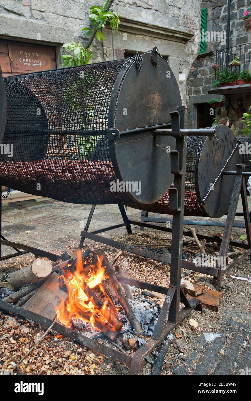 Chestnuts roasting on braziers during the Autumn Festival in Abbadia San Salvatore, Tuscany, Italy Stock Photo
