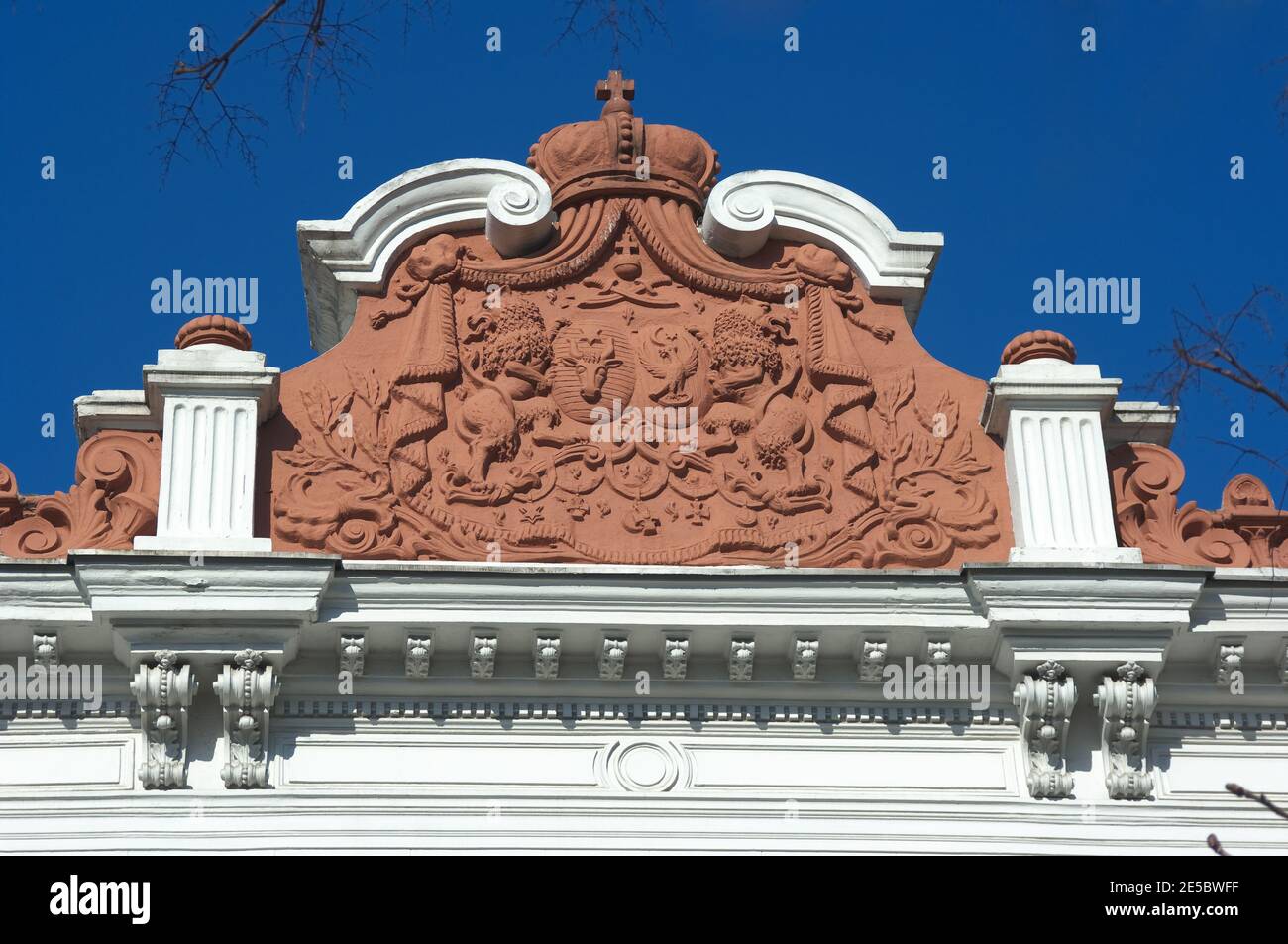 decorative pediment in terracotta of History Museum (Sutu palace) in Bucharest, Romania Stock Photo