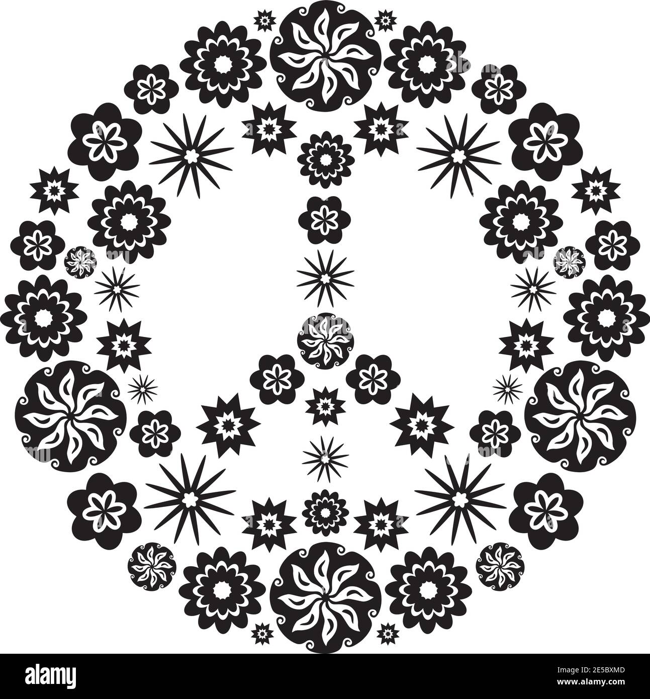 Peace and Love Symbol made of Flowers in Black and White Colors Stock