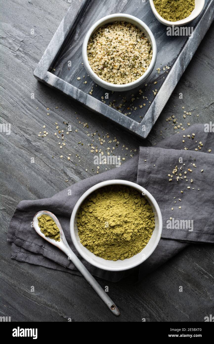 Nutritious hemp powder, plant-based protein for vegans Stock Photo