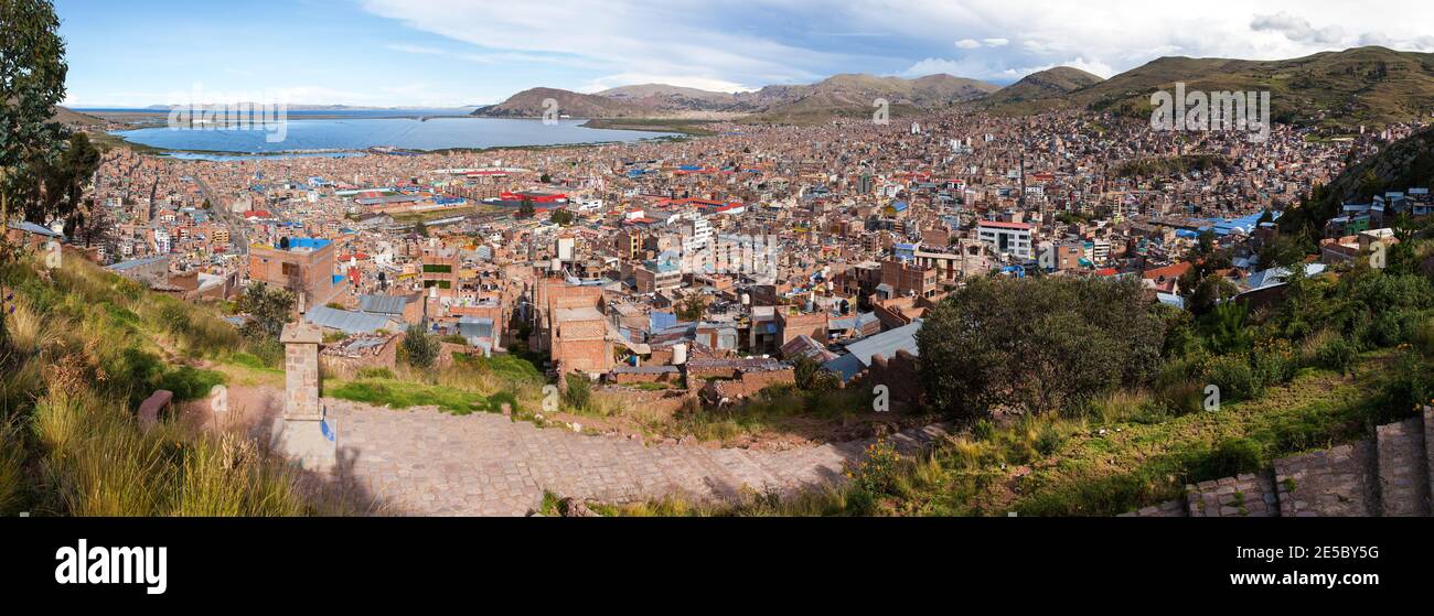 Puno city and Titicaca lake panoramic view of peruvian town Stock Photo