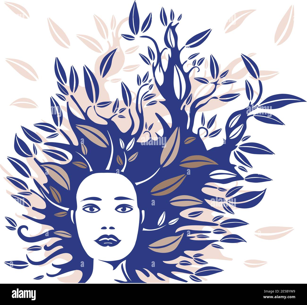 Woman Face with Hair made of Leaves in Blue and Beige Stock Vector