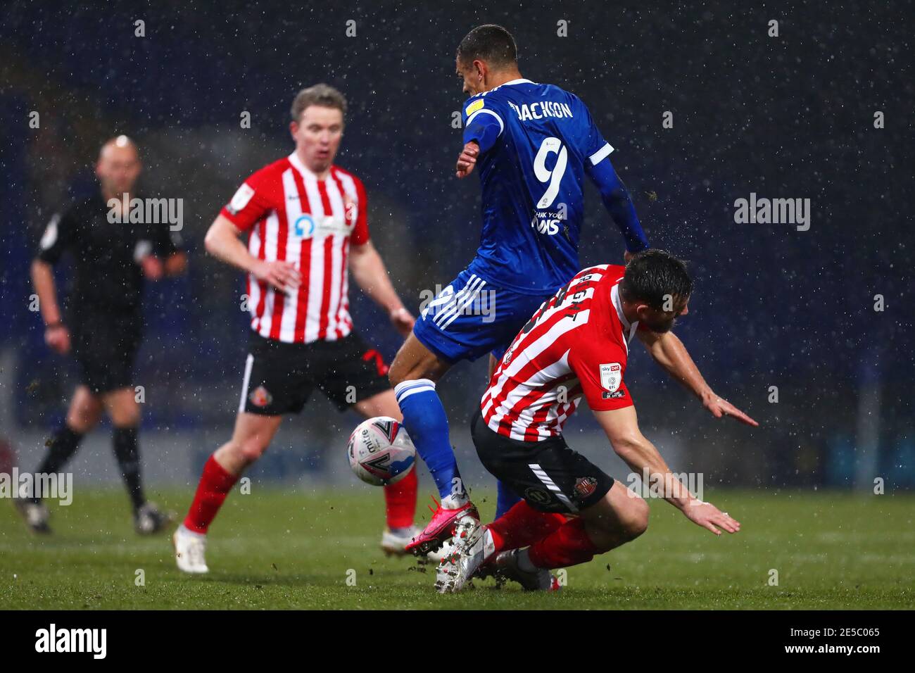 Kayden Jackson of Ipswich Town clashes with Bailey Wright of Sunderland before receiving a red card for violent conduct - Ipswich Town v Sunderland, Sky Bet League One, Portman Road, Ipswich, UK - 26th January 2021  Editorial Use Only - DataCo restrictions apply Stock Photo
