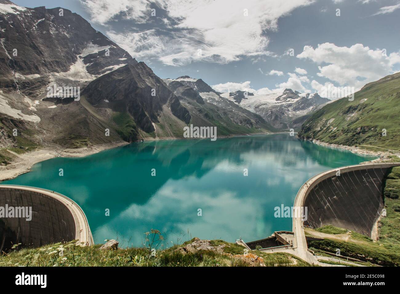 Beautiful view of high mountain lake near Kaprun.Hike to the Mooserboden dam in Austrian Alps.Quiet relaxation in nature.Wonderful nature landscape Stock Photo