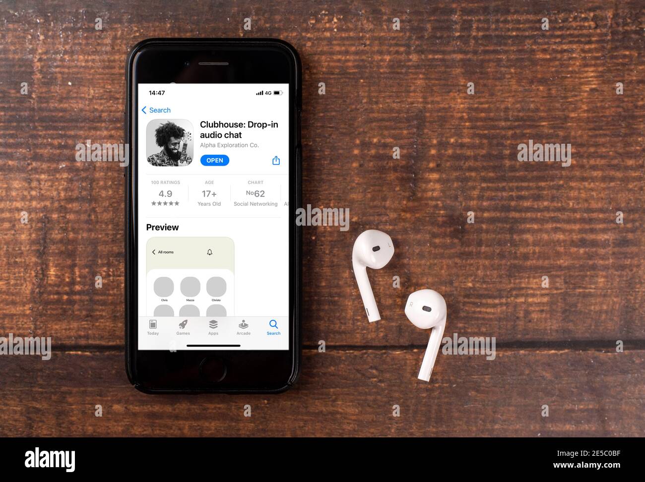Antalya, Turkey - January 27, 2021: Clubhouse drop in audio chat application view on the smartphone. Stock Photo