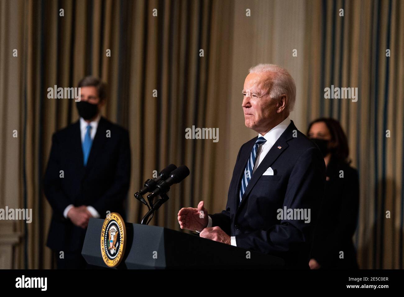 President Joe Biden delivers remarks on his administrationâÂ€Â™s response to climate change at an event in the State Dining Room of the White House in Washington DC, January 27th, 2021. (Anna Moneymaker/NYT) Stock Photo