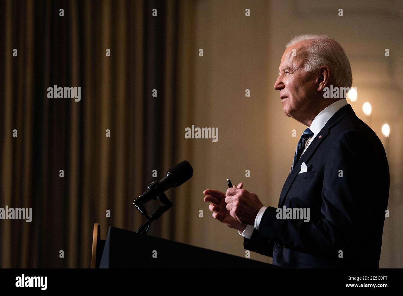 President Joe Biden delivers remarks on his administrationâÂ€Â™s response to climate change at an event in the State Dining Room of the White House in Washington DC, January 27th, 2021. (Anna Moneymaker/NYT) Stock Photo