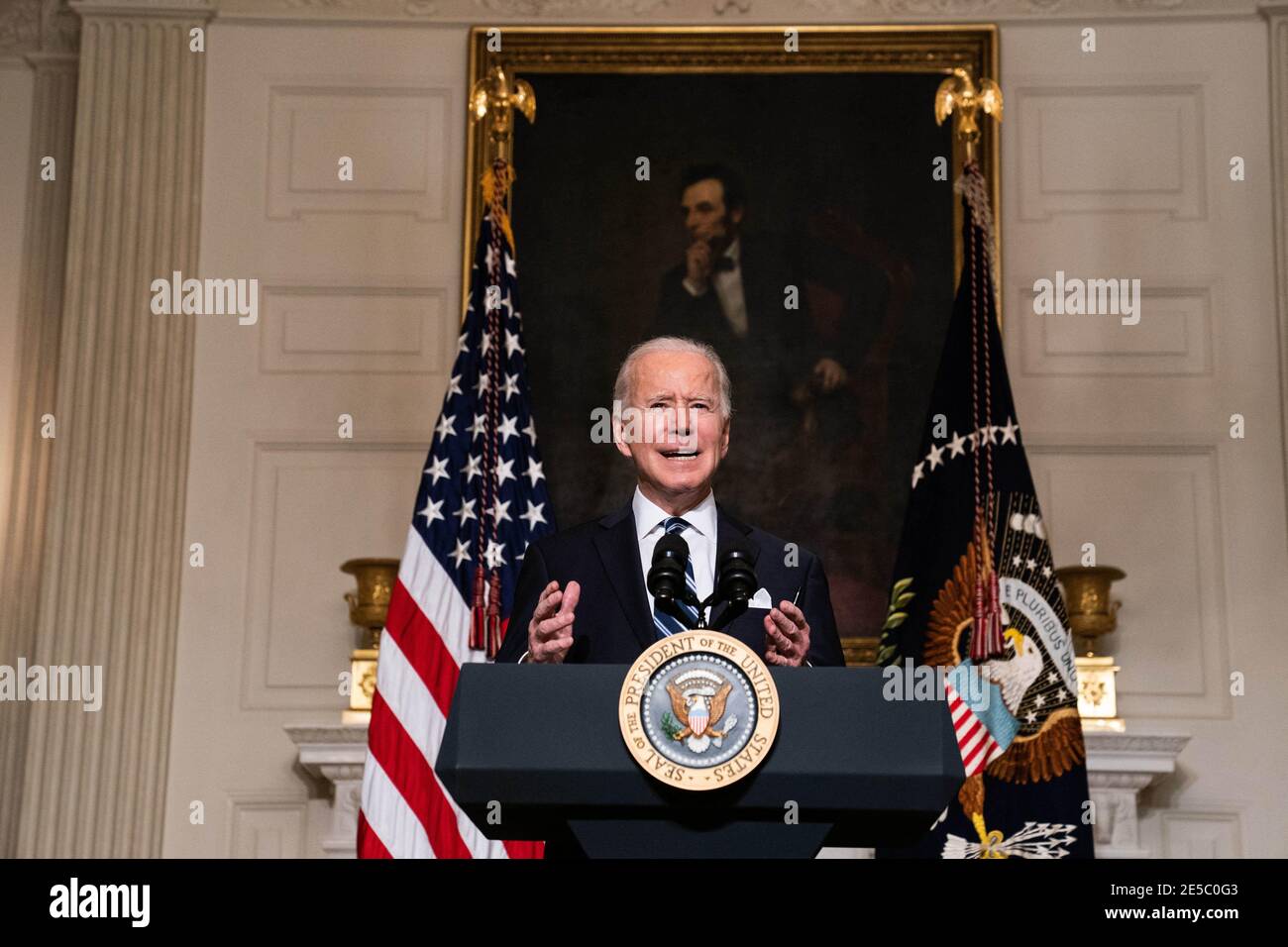 President Joe Biden delivers remarks on his administrationâÂ€Â™s response to climate change at an event in the State Dining Room of the White House in Washington DC, January 27th, 2021. (Anna Moneymaker/NYT) Stock Photo