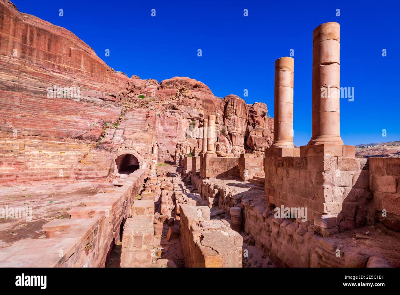 Petra, Jordan and remains of Nabatean Theatre - the capital of the Nabatean kingdom present Wadi Musa city in Jordanian Kingdom Stock Photo