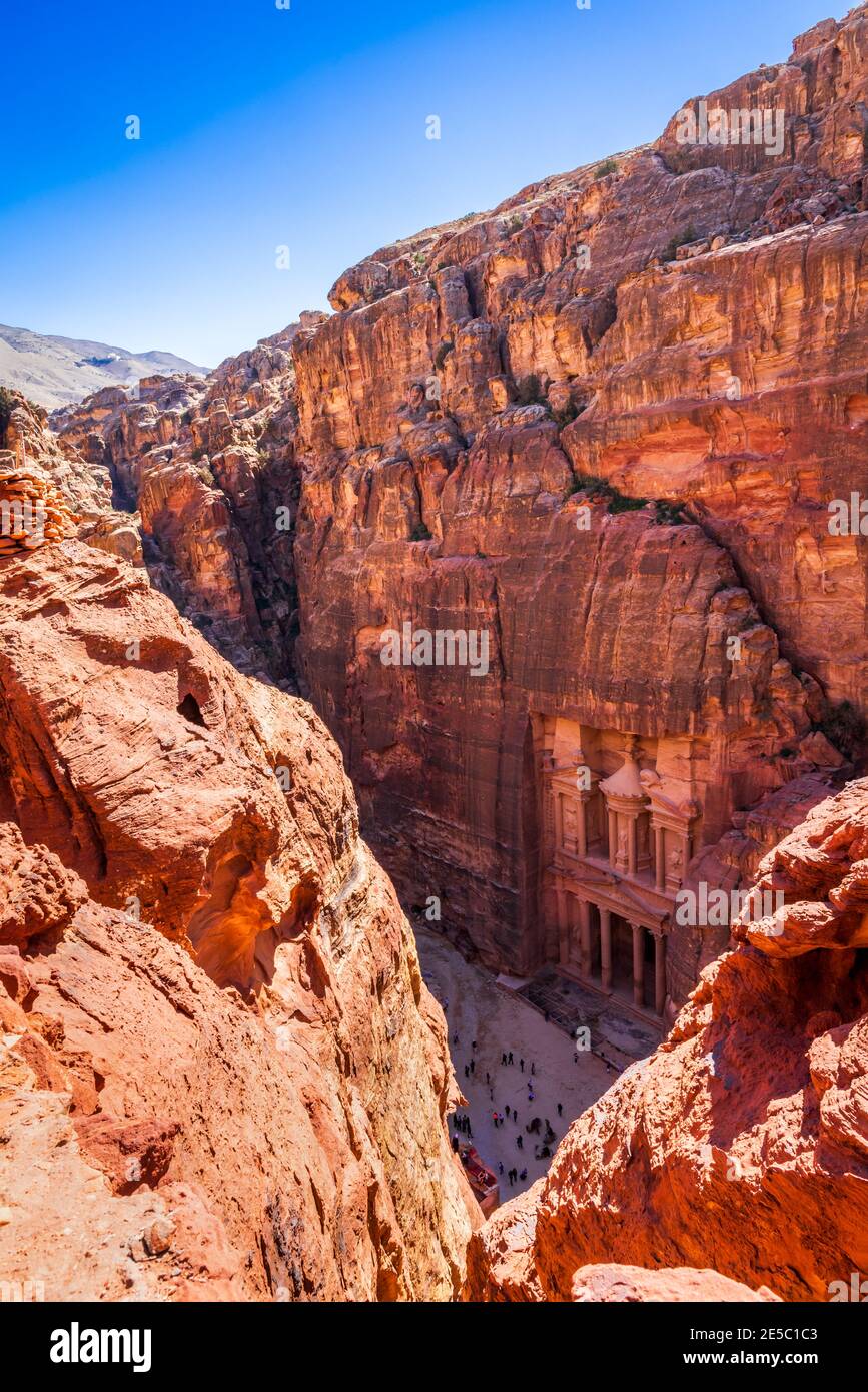 Petra, ancient city in Jordan - Siq and the Treasury Al Khazneh in Wadi Musa one of the new Seven Wonders of the World. Stock Photo