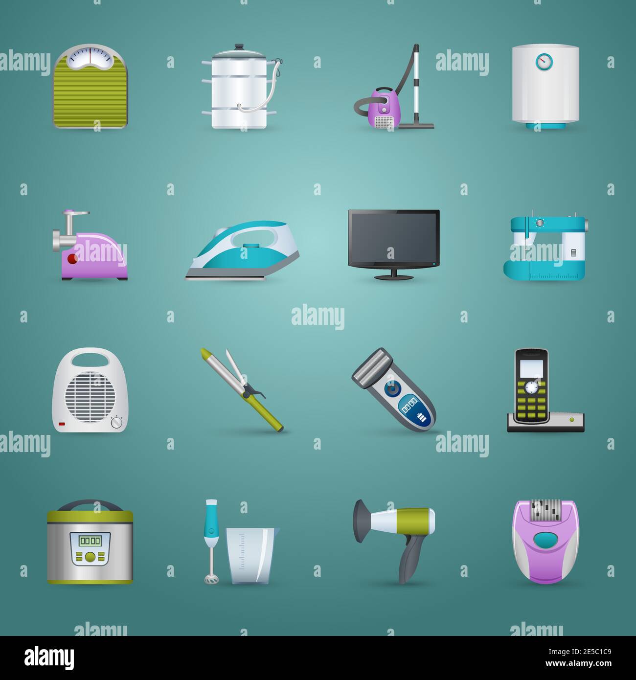 Home Appliances Realistic Icons Set With Iron Heater And Vacuum Cleaner Isolated Vector