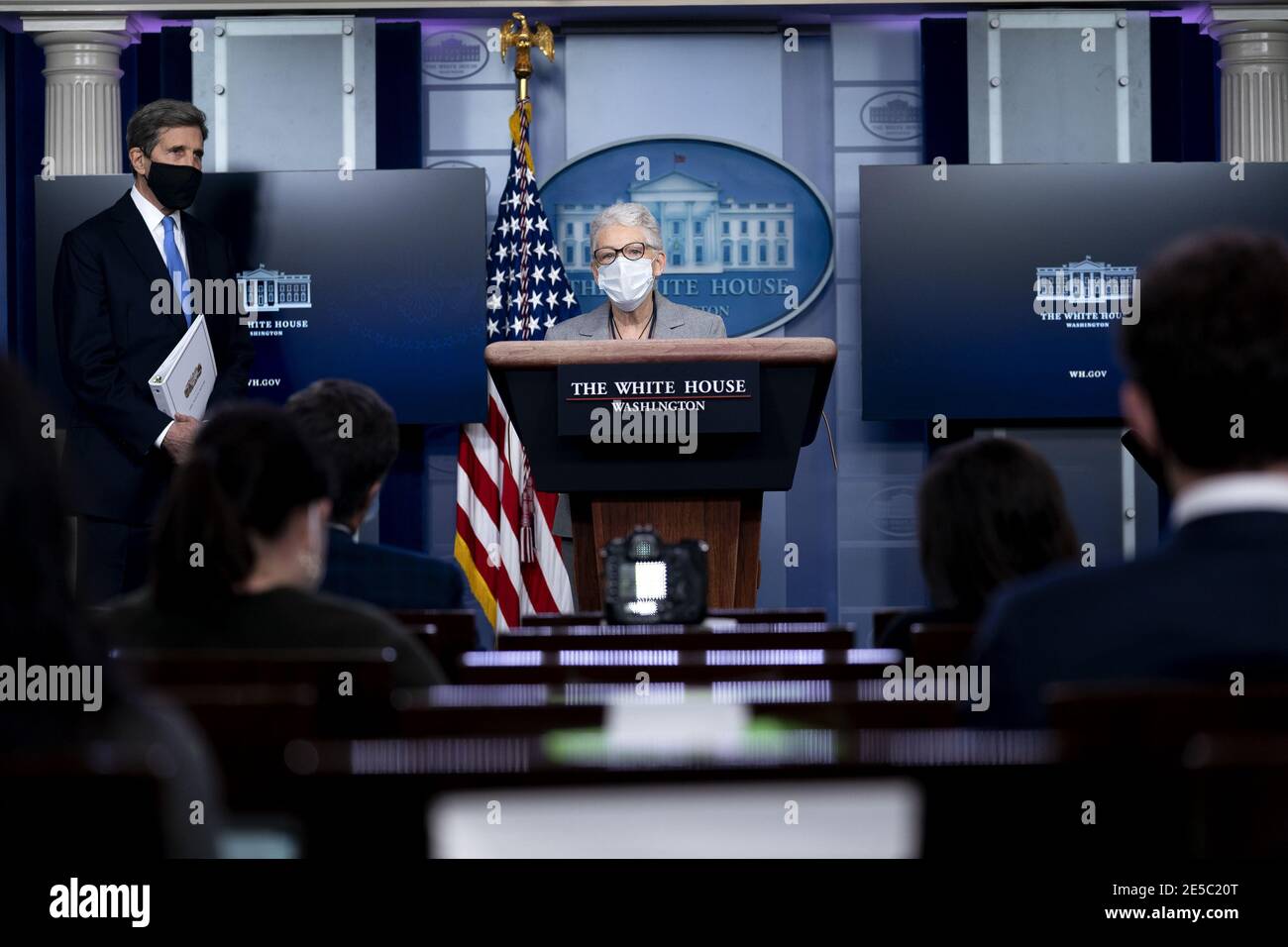 Washington, United States. 27th Jan, 2021. Gina McCarthy, National Climate Advisor, joined by John Kerry, Special Presidential Envoy for Climate, speaks during a news conference in the James S. Brady Press Briefing Room at the White House in Washington, DC, U.S., on Wednesday, Jan. 27, 2021. U.S. President Joe Biden will take executive action on Wednesday to combat climate change, including temporarily blocking new leases for oil drilling on federal lands, ordering a review of fossil-fuel subsidies and other measures to overhaul the U.S. energy mix. Credit: UPI/Alamy Live News Stock Photo