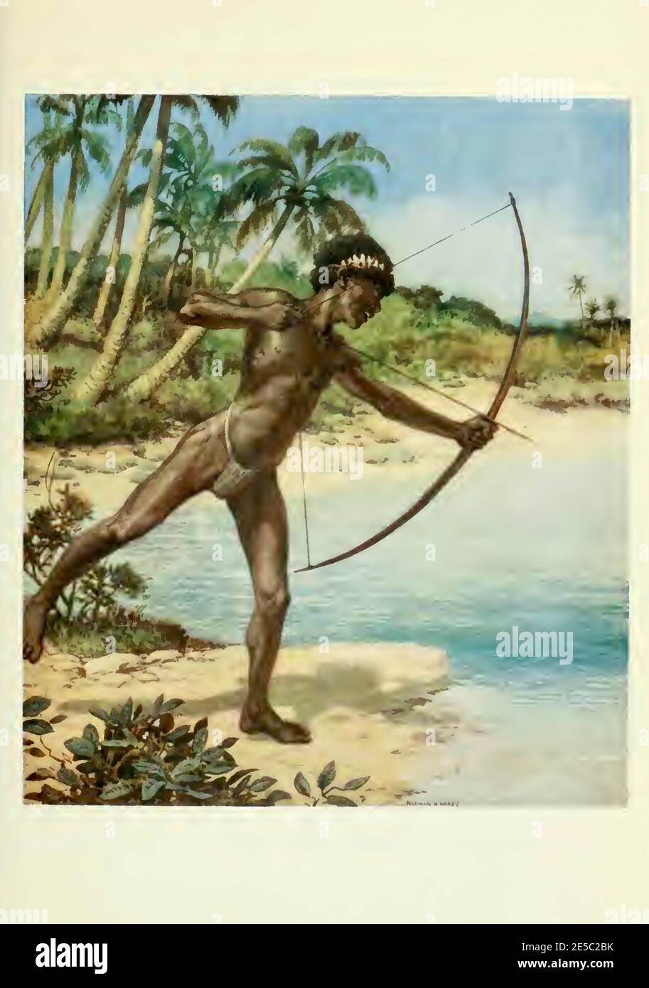 Native archer from the Soloman Islands stands poised on the water's edge waiting to shoot fish. Norman Hardy painting from the early 1900's. Stock Photo