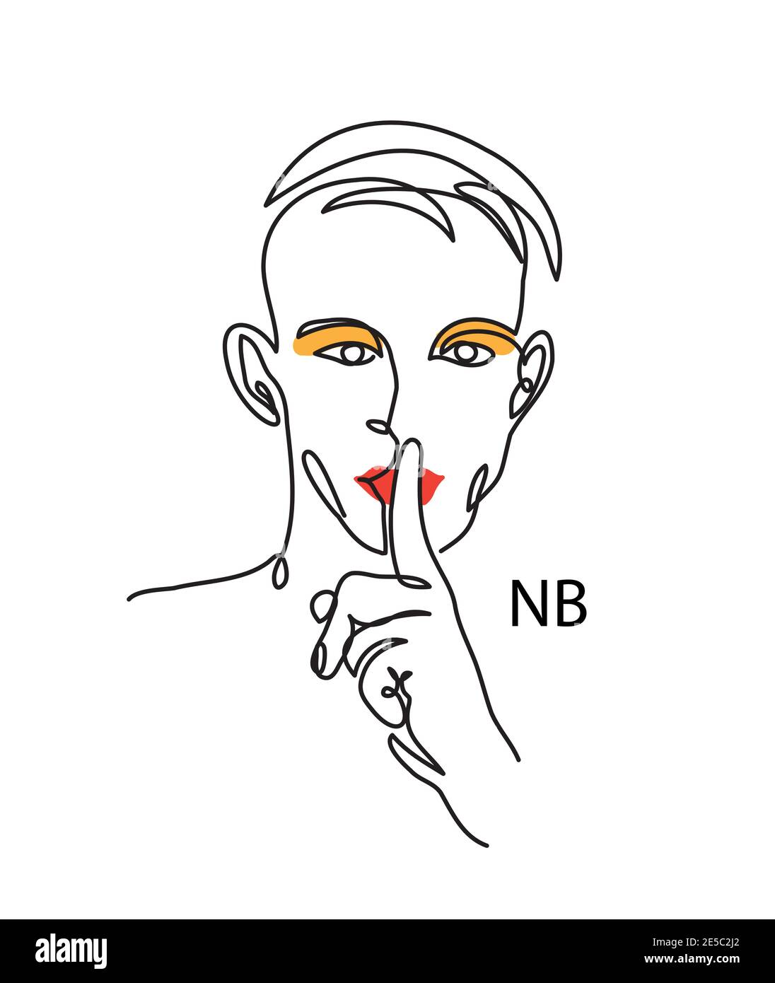 Nonbinary, enby, NB person concept. Man with make up and shh gesture. Simple vector illustration, man face line art. Stock Vector