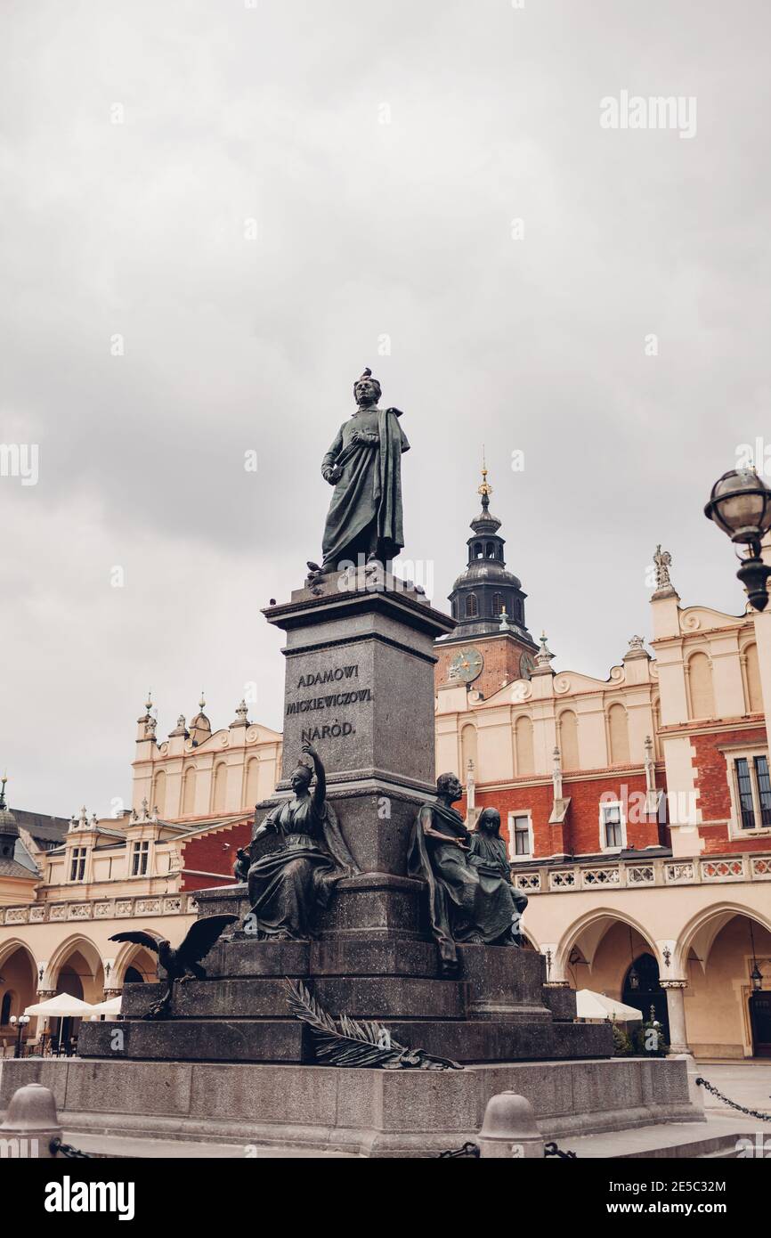 Adam Mickiewicz statue on market square in Krakow, Poland. Famous