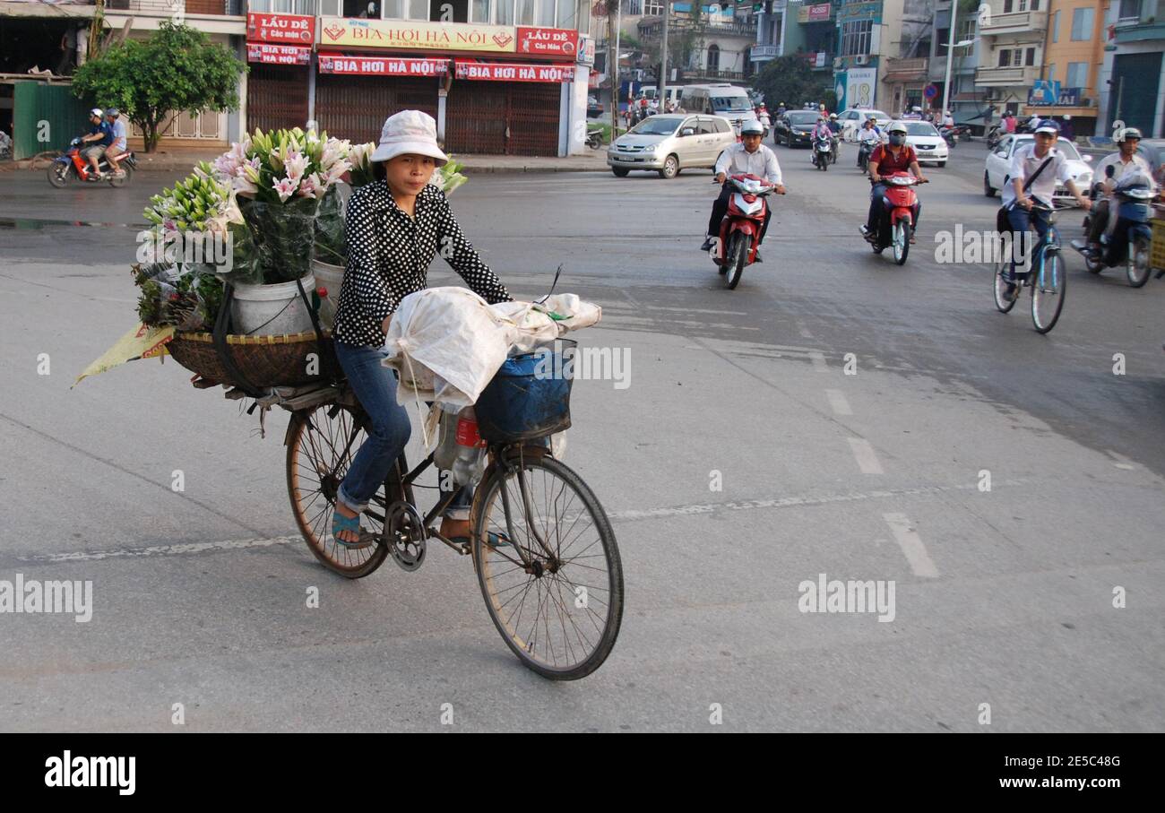 Vietnamese woman on bicycle selling flowers in the streets of Hanoi in Vietnam Asia Stock Photo