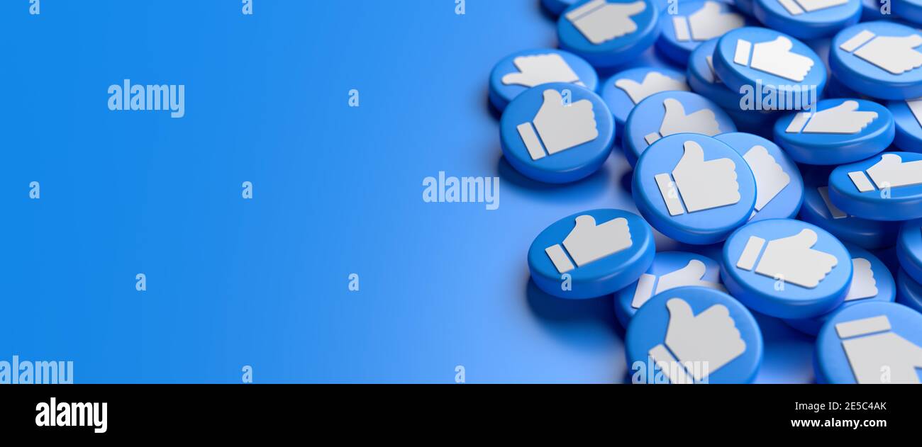 Many like buttons with white thumbs up on blue on a heap. Social Media ...