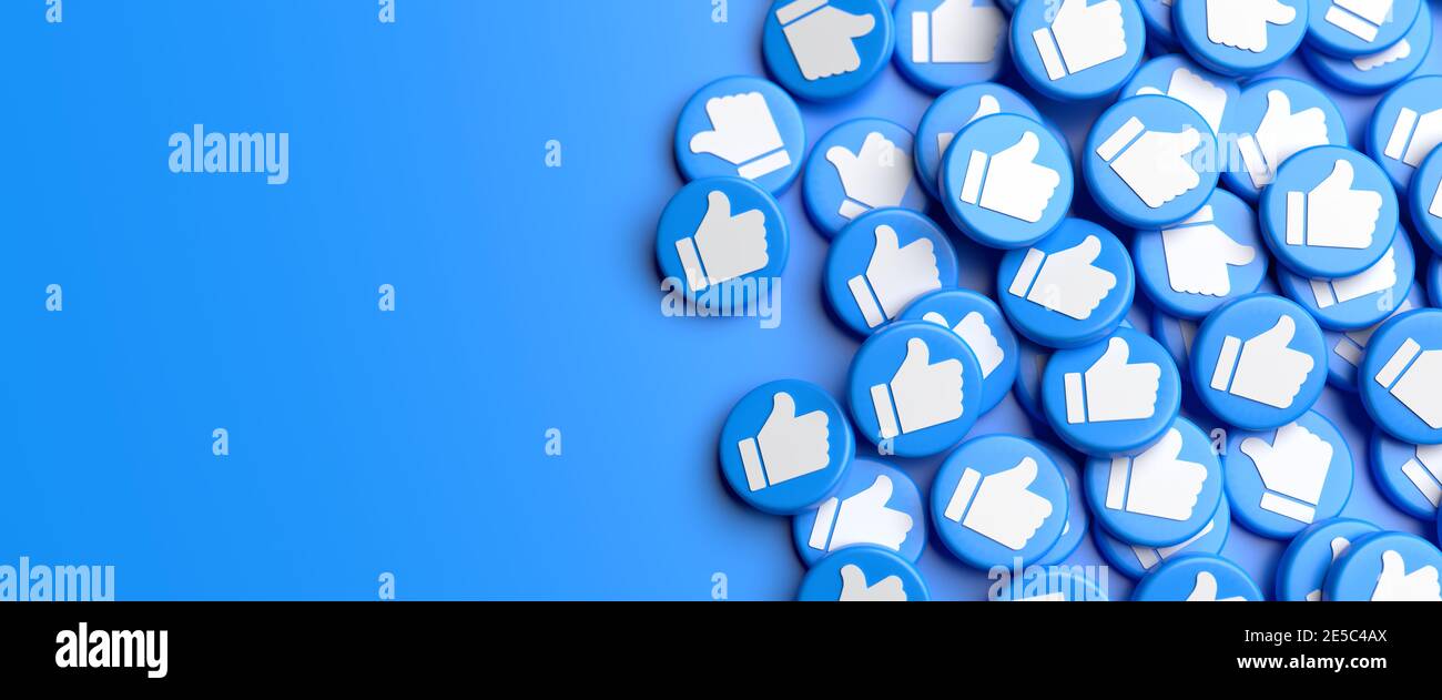Many like buttons with white thumbs up on blue on a heap. Social Media ...