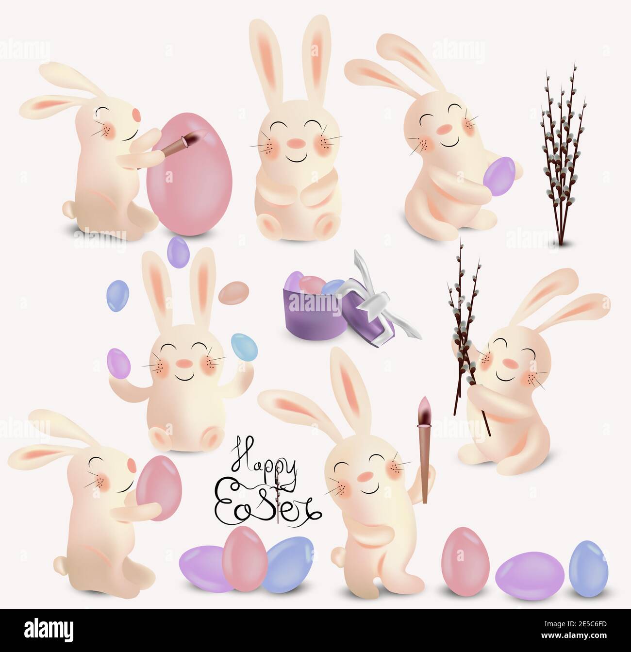 Cute rabbits with easter egg isolated on white background. Easter rabbit. Happy Easter. 3D vector. Stock Vector