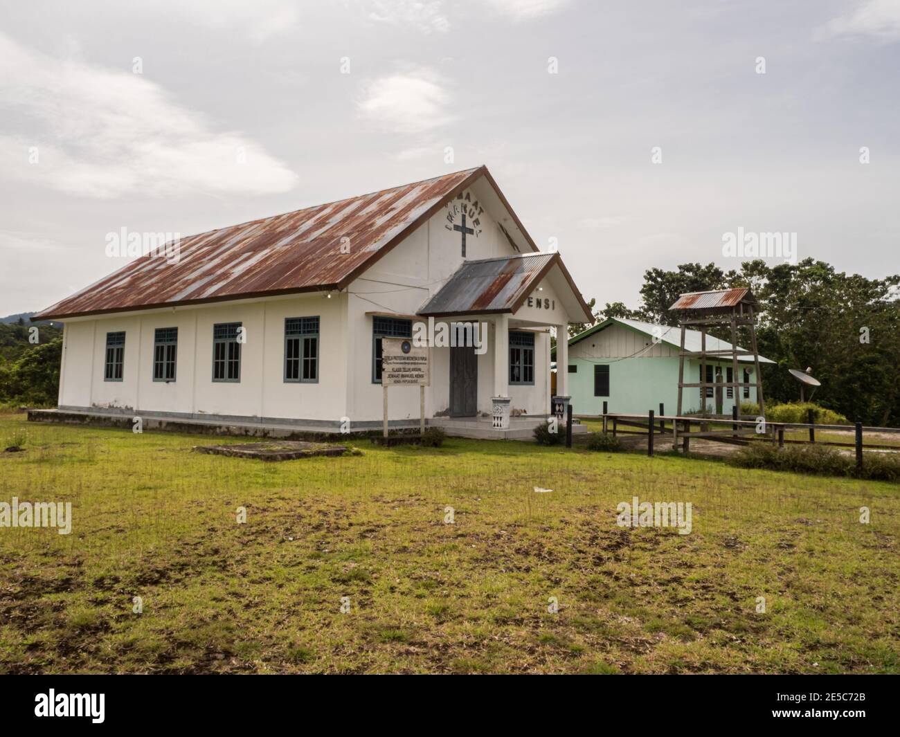 Kensi, Teluk Arguni, Indonesia - February 01, 2018: Church in the small village in the Indonesian tropical forest. Bird's Head Peninsula, West Papua, Stock Photo