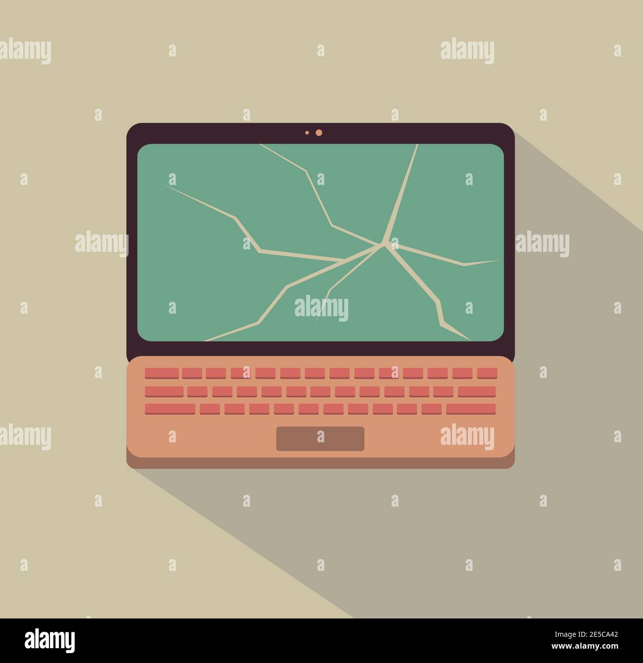 Flat vector laptop with crack on the screen and shadow. Stock Vector