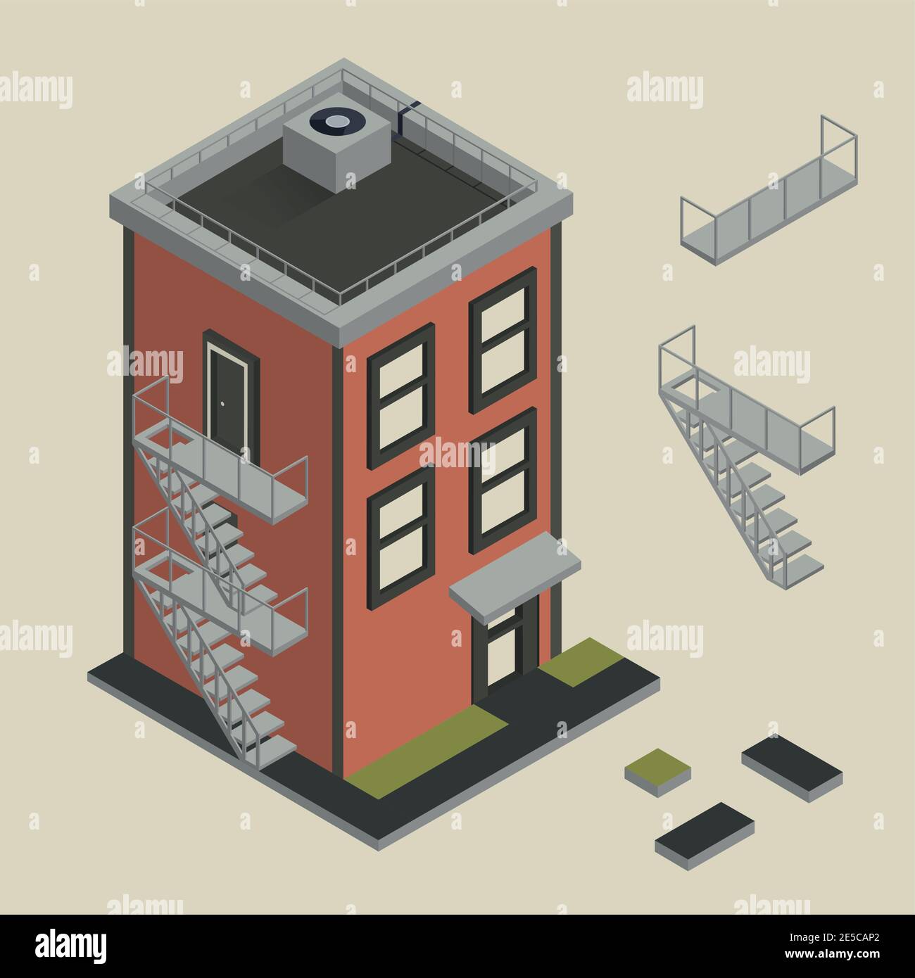 Isometric vector illustration of 3 floor living house from red bricks ...
