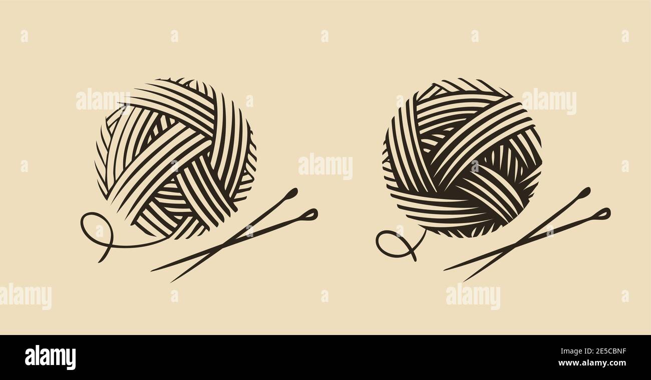 Skein of wool yarn with needles. Knitting, needlework symbol vector Stock Vector