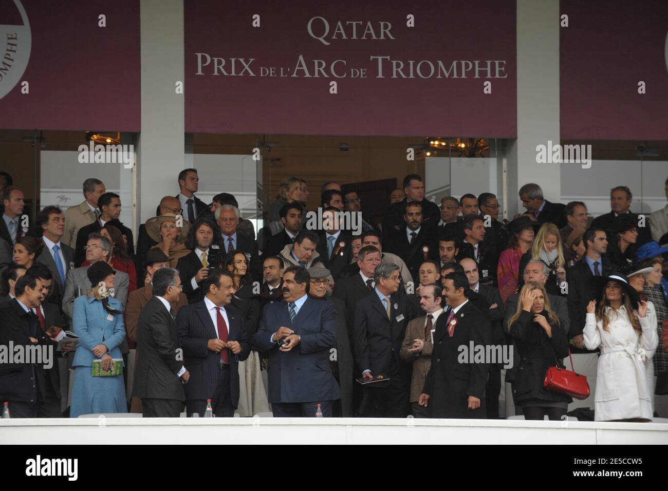 Qatar's Emir Sheikh Hamad Bin Khalifa Al Thani (C) is seen at the 'Presidential Stand' at 87th Arc de Triomphe horserace, one of the world's richest races, at Longchamp Racecourse, near Paris, France, on October 5, 2008. The race, that was sponsored by Qatar for the first time, was won by Aga Khan's horse Zarkava. Photo by Ammar Abd Rabbo/ABACAPRESS.COM Stock Photo