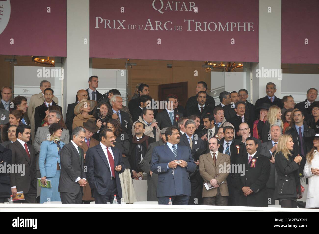 Qatar's Emir Sheikh Hamad Bin Khalifa Al Thani (R) is seen at the 'Presidential Stand' at 87th Arc de Triomphe horserace, one of the world's richest races, at Longchamp Racecourse, near Paris, France, on October 5, 2008. The race, that was sponsored by Qatar for the first time, was won by Aga Khan's horse Zarkava. Photo by Ammar Abd Rabbo/ABACAPRESS.COM Stock Photo