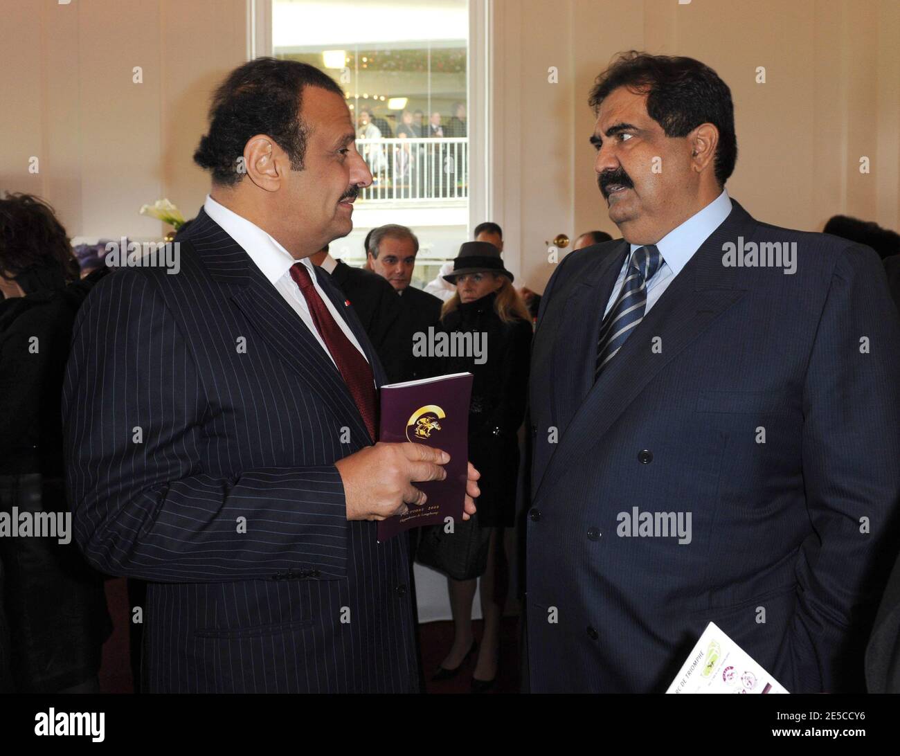 Qatar's Emir Sheikh Hamad Bin Khalifa Al Thani (R) is seen next to Saudi Vice Minister of Defence Prince Khaled Bin Sultan Al Saud, at the 87th Arc de Triomphe horserace, one of the world's richest races, at Longchamp Racecourse, near Paris, France, on October 5, 2008. The race, that was sponsored by Qatar for the first time, was won by Aga Khan's horse Zarkava. Photo by Ammar Abd Rabbo/ABACAPRESS.COM Stock Photo