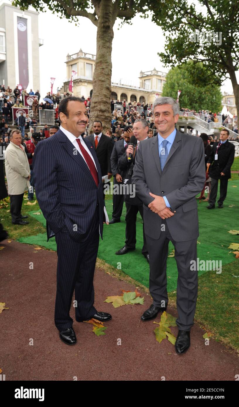 French Defence Minister Herve Morin (R) and Saudi Vice Minister of Defence Prince Khaled Bin Sultan Al Saud, seen at the 87th Arc de Triomphe horserace, one of the world's richest races, at Longchamp Racecourse, near Paris, France, on October 5, 2008. The race, that was sponsored by Qatar for the first time, was won by Aga Khan's horse Zarkava. Photo by Ammar Abd Rabbo/ABACAPRESS.COM Stock Photo