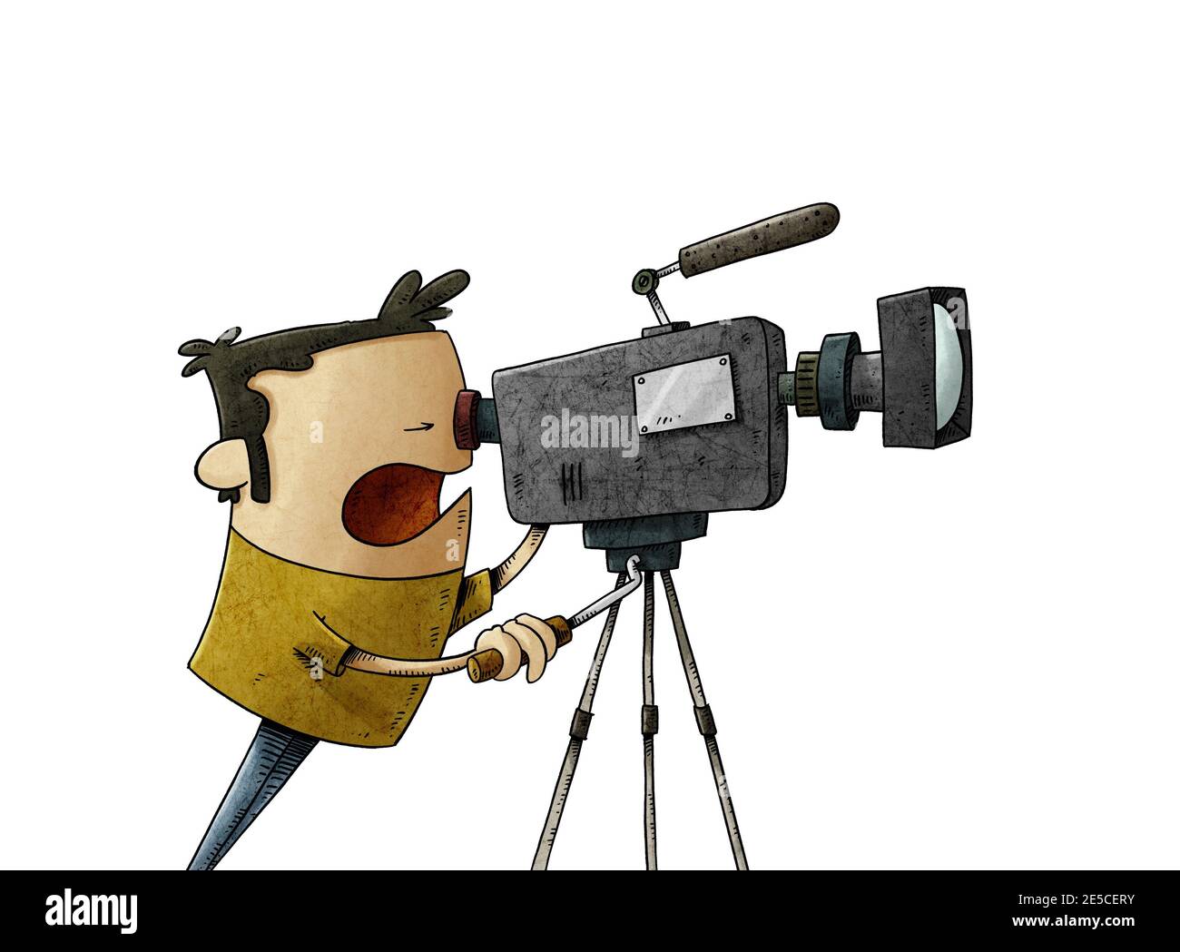 illustration of camera operator is shooting a movie while looking through the lens. isolated Stock Photo