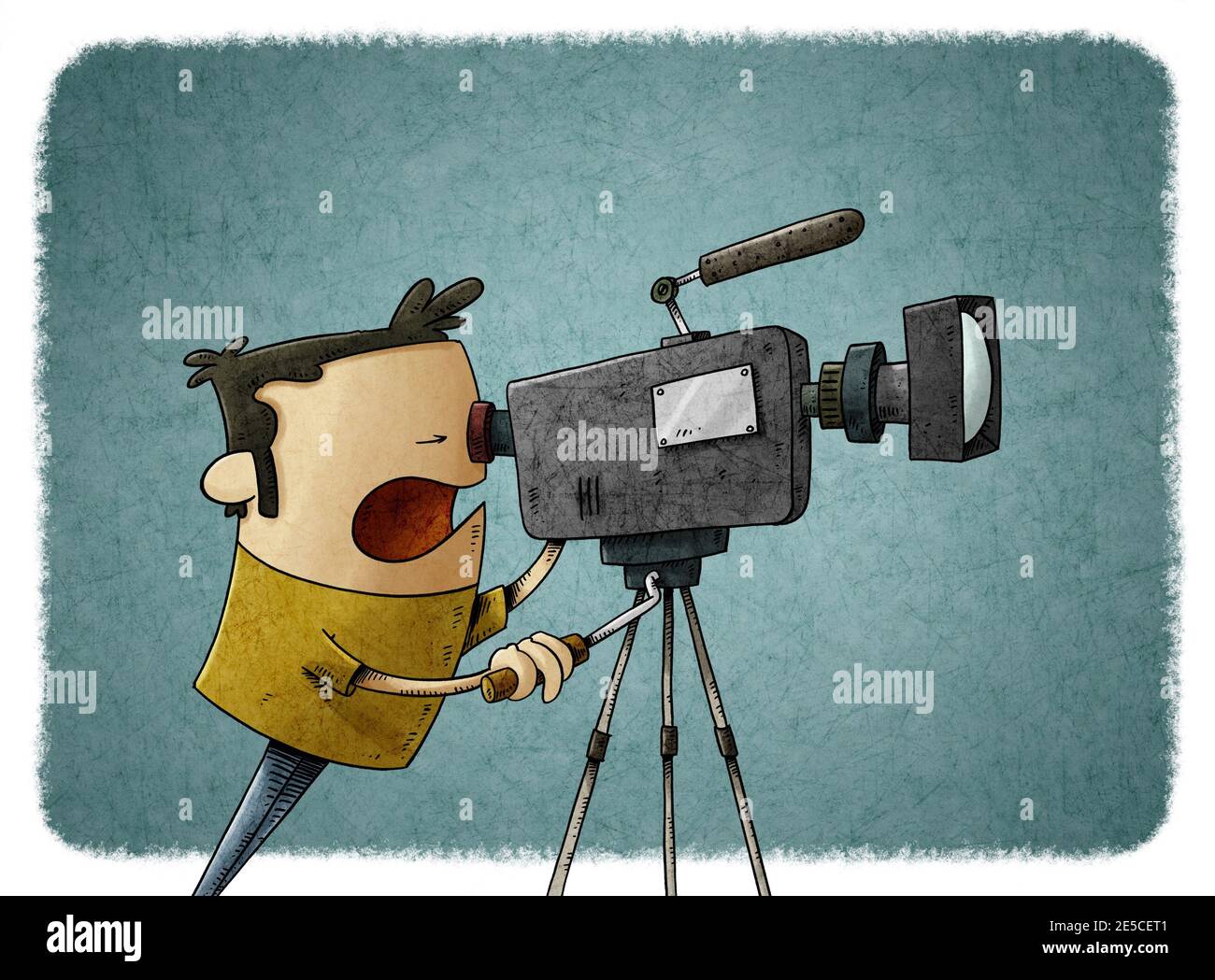 illustration of camera operator is shooting a movie while looking through the lens. Stock Photo