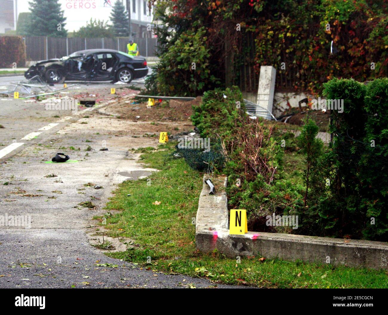The wreckage of the car of the leader of Austria's Buendnis Zukunft Oesterreich (BZOe) party (Alliance for Austria's future) Joerg Haider is seen in the village of Lambichl, near the Carinthian capital Klagenfurt, on October 11, 2008. The 58-year-old governor of Austria's Carinthia province died after suffering major head and chest injuries when the government car he was driving went out of control and rolled down an embankment. Haider was killed, two weeks after staging a major comeback in a national election. Photo by Gert Eggenberger/ABACAPRESS.COM Stock Photo