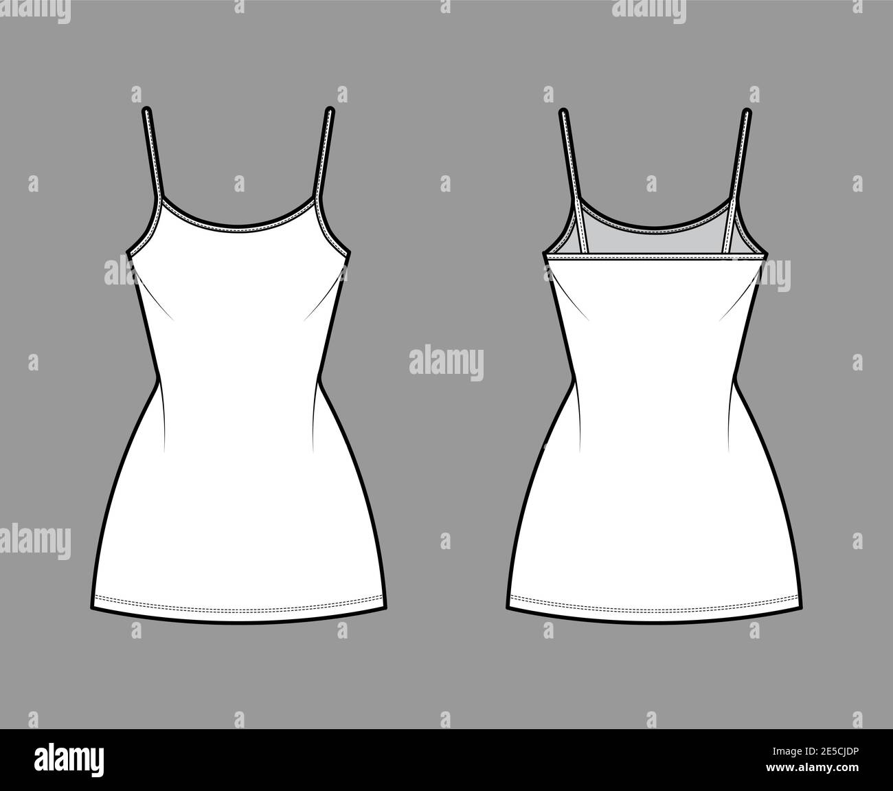 Camisole dress technical fashion illustration with scoop neck, straps, mini  length, fitted body, Pencil fullness. Flat apparel template front, back,  white, grey color. Women, men, unisex CAD mockup Stock Vector Image 