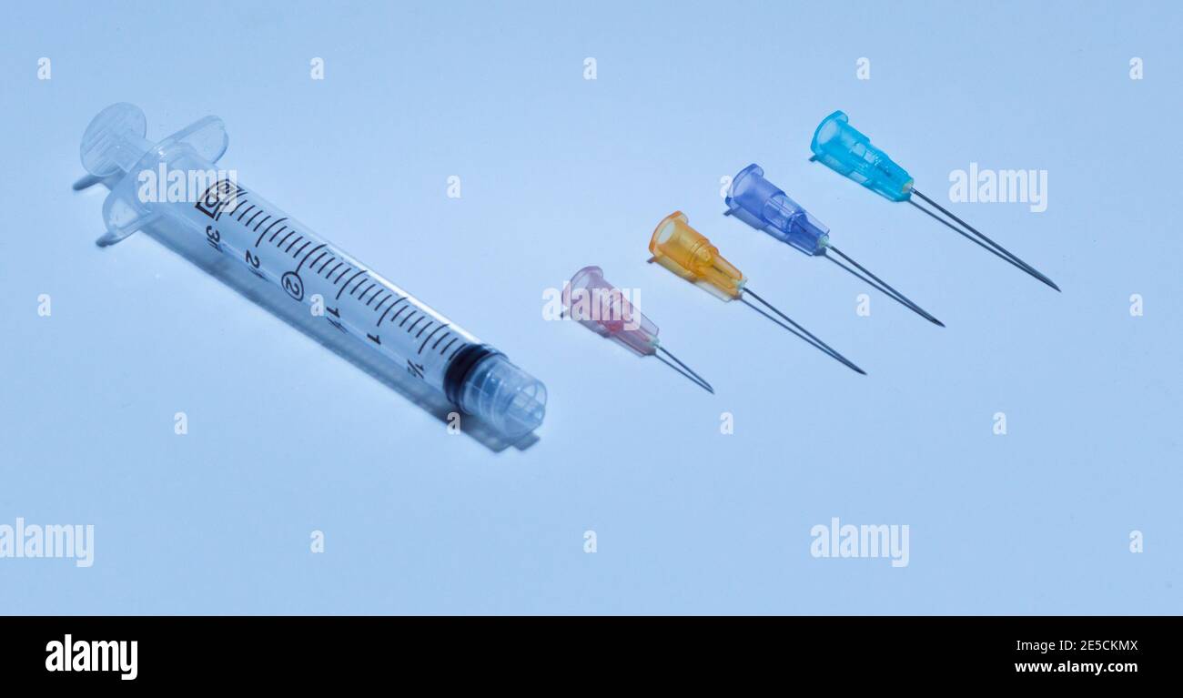 Syringe, A medical device that is used to inject fluid into or withdraw fluid from, the body. A medical syringe consists of a needle Stock Photo