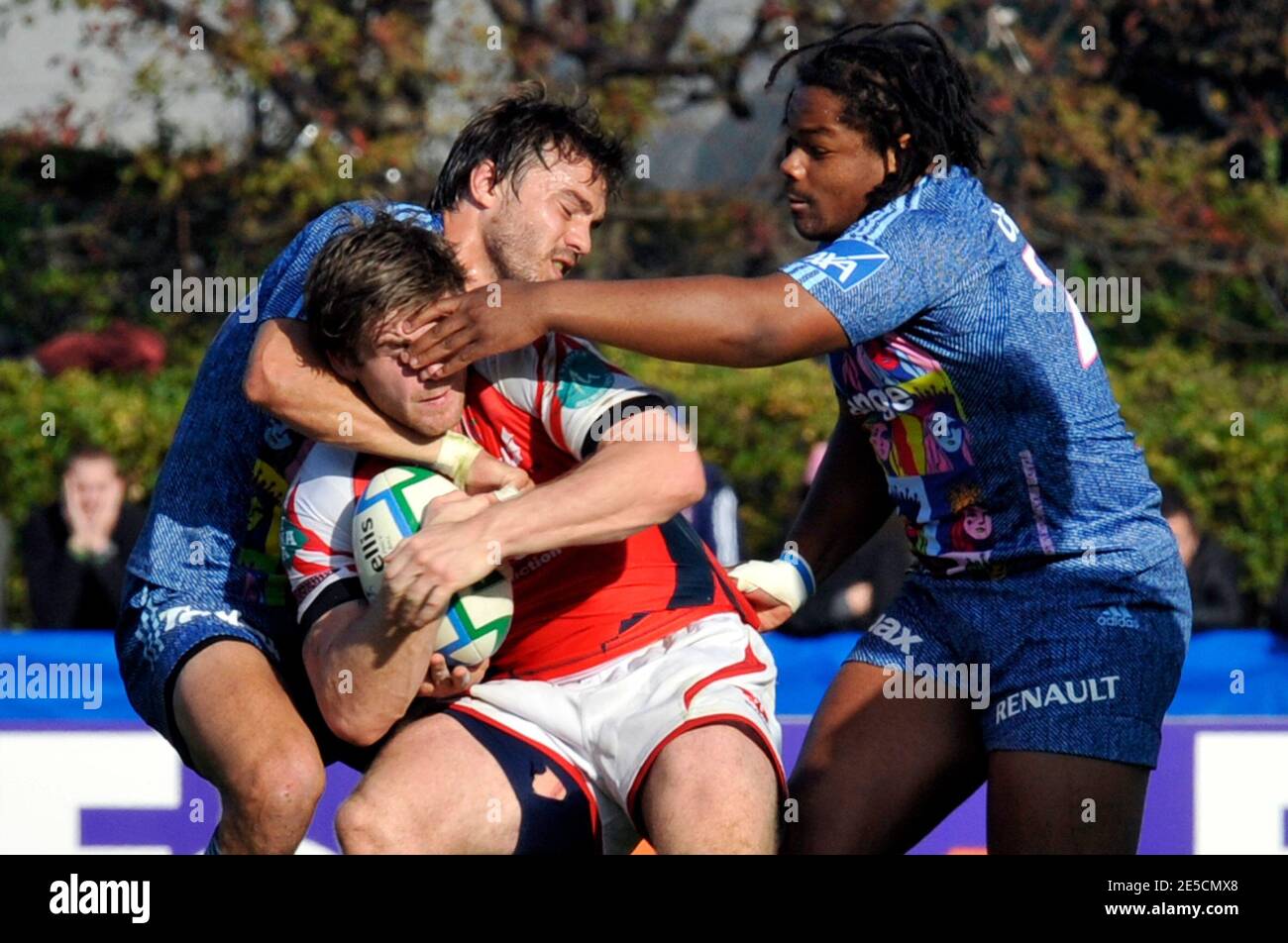 Stade Francais' Juan Martin Hernandez, Mathieu Bastareaud and Scarlets' Gavin Evans during the Heineken Cup rugby match, Stade Francais vs Scarlets at the Jean Bouin Stadium in Paris, France on October 18, 2008. Stade Francais won 37-15. Photo by Stephane Reix/ABACAPRESS.COM Stock Photo