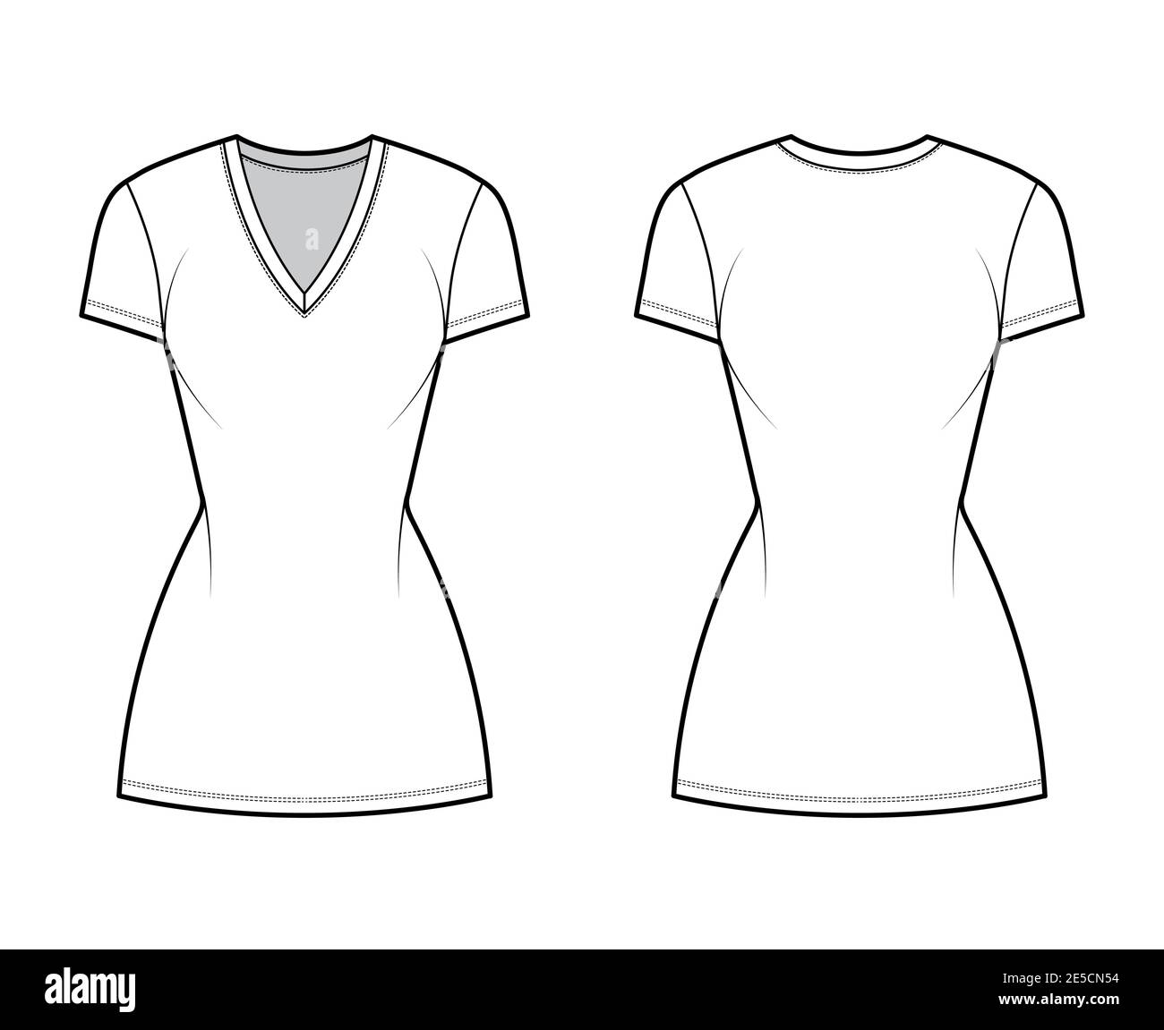 T-shirt dress technical fashion illustration with V-neck, short sleeves, mini length, fitted body, Pencil fullness. Flat apparel template front, back, white color. Women, men, unisex CAD mockup Stock Vector